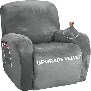 ZNSAYOTX Stretch Velvet Recliner Cover 4-Pieces, Thick Soft Recliner Chair Slipcover with Pocket, Non-Slip Elastic Bottom for Kids Pets, Luxury Plush Reclining Protector Comfy Washable (Grey)