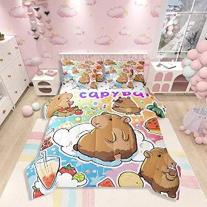 Castle Fairy Cartoon Capybara Comforter Set Full Size,Delicious Sweet Dessert Bedding Set for Kids Teens,Strawberry Fruit (Comforter+Fitted+Flat Sheet+2 Pillowcases+2 Throw Pillow Covers) 7 Pieces