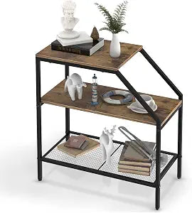 Wolawu End Table 3 Tiers Shelf Rustic Brown Wood Industrial Accent Decorative Sofa Side Table Modern Trapezoid Accent Furniture Living Room Bed Room for Small Place
