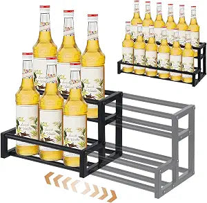 Expandable Coffee Syrup Organizer  Adjustable 12.6"22.8" Metal Liquor Bottle Display Shelf, Heavy Duty Coffee Bar Storage, Tabletop Wine Racks for Cafe, Home Bar, Kitchen (Black)