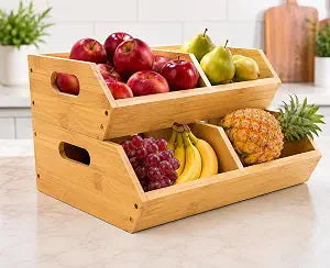 2-Pack Stackable Vegetable Storage Bins, Kitchen and Pantry Organizers and Storage Baskets, for Fruit, Vegetable, Produce, Bread, Potato Onion and Snacks, Bamboo Kitchen Storage Containers