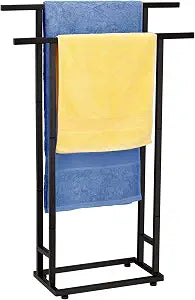 2-Tier Tall Towel Rack for Bathroom, Freestanding Towel Stand Drying Rack for Oversized Bath Towels, Poolside, Bathroom, Black, ALHAKIN