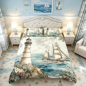 Nautical Lighthouse Duvet Cover Set Queen Size,Retro Sailing Boat Ocean Adventure Bedding Set,Boys Girls Room Decor,Botanical Flowers Rustic Comforter Cover,Blue Quilt Cover,2 Pillowcases(No Filler)