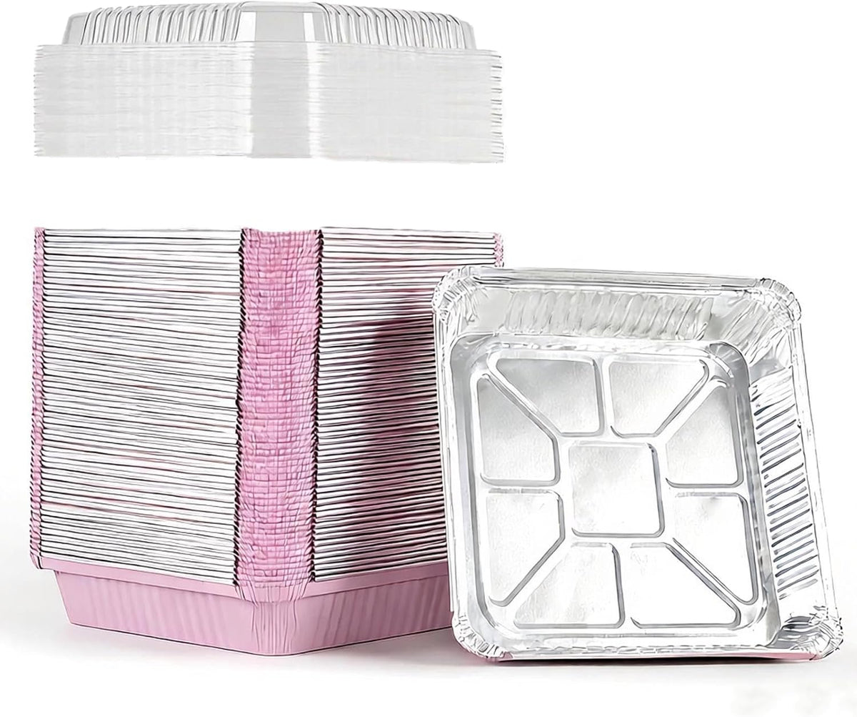 (40 Pack) 8x8 Square Aluminum Baking Cake Pans with Clear Lids - Pink Foil Pans with Lids - Disposable Food Containers Great for Cooking, Heating, Storing, Prepping Food