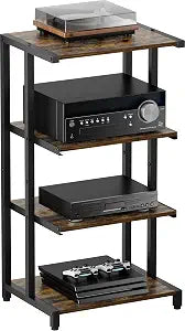 4-Tier Wooden Media Stand, AV Media Stand Corner Shelf for TV Accessories/Audiovisual Equipment/Optical Disc/PS4, Audio Storage Rack for Living Room, Gaming Room, Music Studio, Black