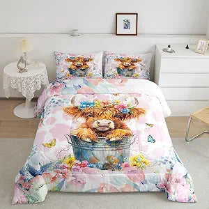 Feelyou Highland Cow Comforter Set Bedding Queen Size for Kids Teens