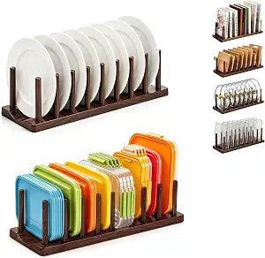 Kyraton 2 Pack Food Storage Container Lid Organizers 14" with Adjustable Dividers Pot and Pan Lid Holders, Plates Dish Rack for Cabinet Pantry or Countertop for Dishes, Cutting Boards, Bakeware, Book