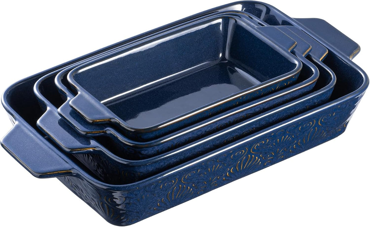 Dafuceramic Casserole Dishes for Oven, Baking Dishes, Ceramic Bakeware Sets of 4, Rectangular Baking Pan Set with Handles for Baking, Casserole, Kitchen, Wedding Gift (Blue)