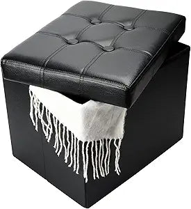 Bsketa Storage Ottoman Bench,17 Inch Folding Leather Foot Rest Stools,Black
