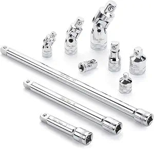 Bates- Socket Accessory Set, 10 pcs, Silver, 3/8" Extension Set, 1/4", 3/8" & 1/2" Drive Universal Joints & Socket Adapter Set, 3/8 Extension Set