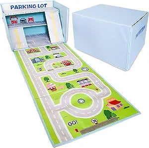 SAM AND MABEL Toy Car Garage Box with Play Mat  Kids' Racecar Storage Basket, Stackable and Collapsible Organizer Bin (Cars Not Included)