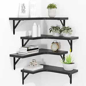 ROMGUAR CRAFT Corner Floating Shelves Wall Mounted Set of 4, Black