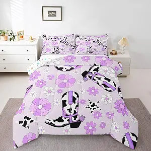Erosebridal Purple Cowgirl Boot Hat Twin Bedding Set,Western Milk Cow Print Comforter Set for Girls Kids Room Decor,Groovy Flower Quilt Bed Set Rustic Country Farmhouse Down Comforter 2Pcs