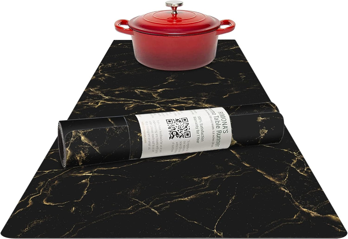 RIMONA'S Heat Resistant Table Runner Trivet Mat - Black Golden Marble, 40"