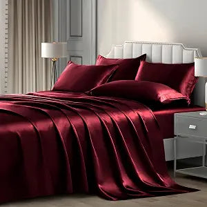 P Pothuiny 6-Piece Queen Satin Sheet Set Burgundy Silky Sheets