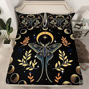 Castle Fairy Gothic Moth Fitted Sheet Twin Size,Bohemian Stars Moon Starry Galaxy Soft and Luxury Sheet Set,Leaves Botanical Exotic Bedding All Round Elastic Pocket,for Kids Boys Room