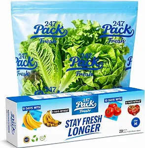 Freshpack 247 Reusable Produce Bags Size M 10 x 12 in, 1 Gallon 20 Pack Green Bags for Fruits and Vegetables, Food Storage Bags With Zipper, Helps Keep Produce Fresh, Kitchen Pantry Meal Prep