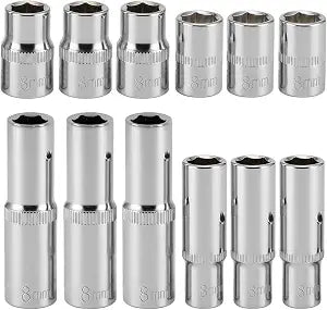 12 Pcs 8mm Deep & Shallow Socket Set, 1/4-Inch & 3/8-Inch Drive 6-Point Impact Socket for Electric Wrenches Car Repair, Mirror Chrome Finish