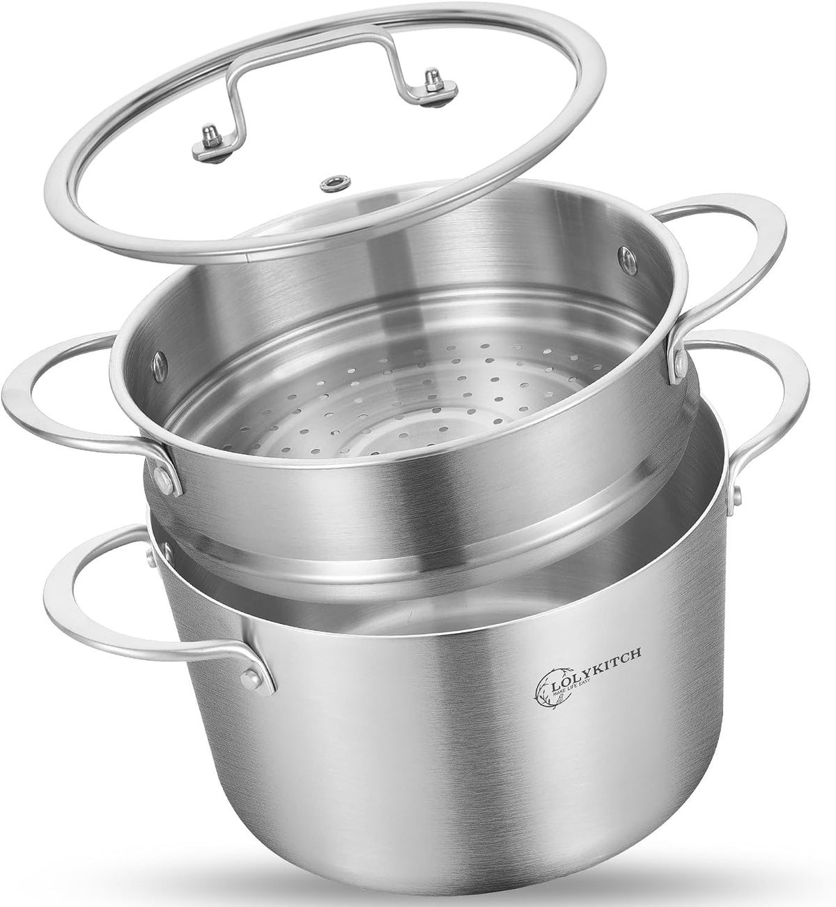 LOLYKITCH 3-Quart Tri-Ply Stainless Steel Steamer Pot with Glass Lid