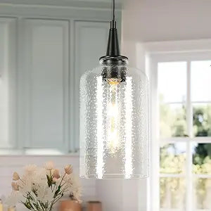 KSANA Black Pendant Light for Kitchen Island, Hammered Glass Hanging Light Fixture, Modern Pendant Lighting for Dining Room & Hallway