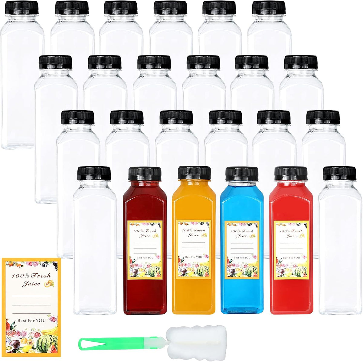 DANALLAN 24Pcs12oz Empty Juice Bottles with Caps, Premium Reusable Plastic Bottles Juice Container Transparent Black Leak-proof Lids for Drink Juice Smoothie Milk Beverages Water