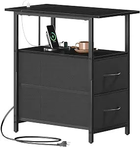 Somdot Narrow End Table with Charging Station, 2 Drawers, Slim Side Table