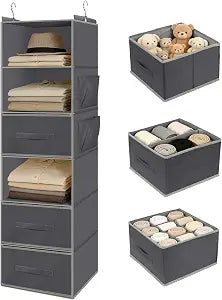 Hanging Closet Organizer 6-Shelf with 3 Drawers & Side Pockets, Closet Organizers and Storage for Dorm, Nursery & Wardrobe Organization, Hanging Shelf Clothes Organizer for Sweaters, Shoes, Gray
