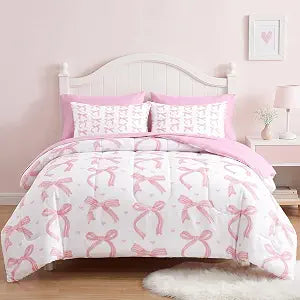 Nesker Twin Comforter Set with Sheets, 5 Pieces Pink Bow Bedding