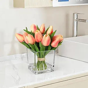 12 Pcs Artificial Tulip Flowers - Real Touch Faux Silk Orange Tulip Stems with Glass Vase, Spring Home Table Decor, Realistic Wedding Kitchen Office Centerpiece, Mothers Day Easter Valentines Day Gift