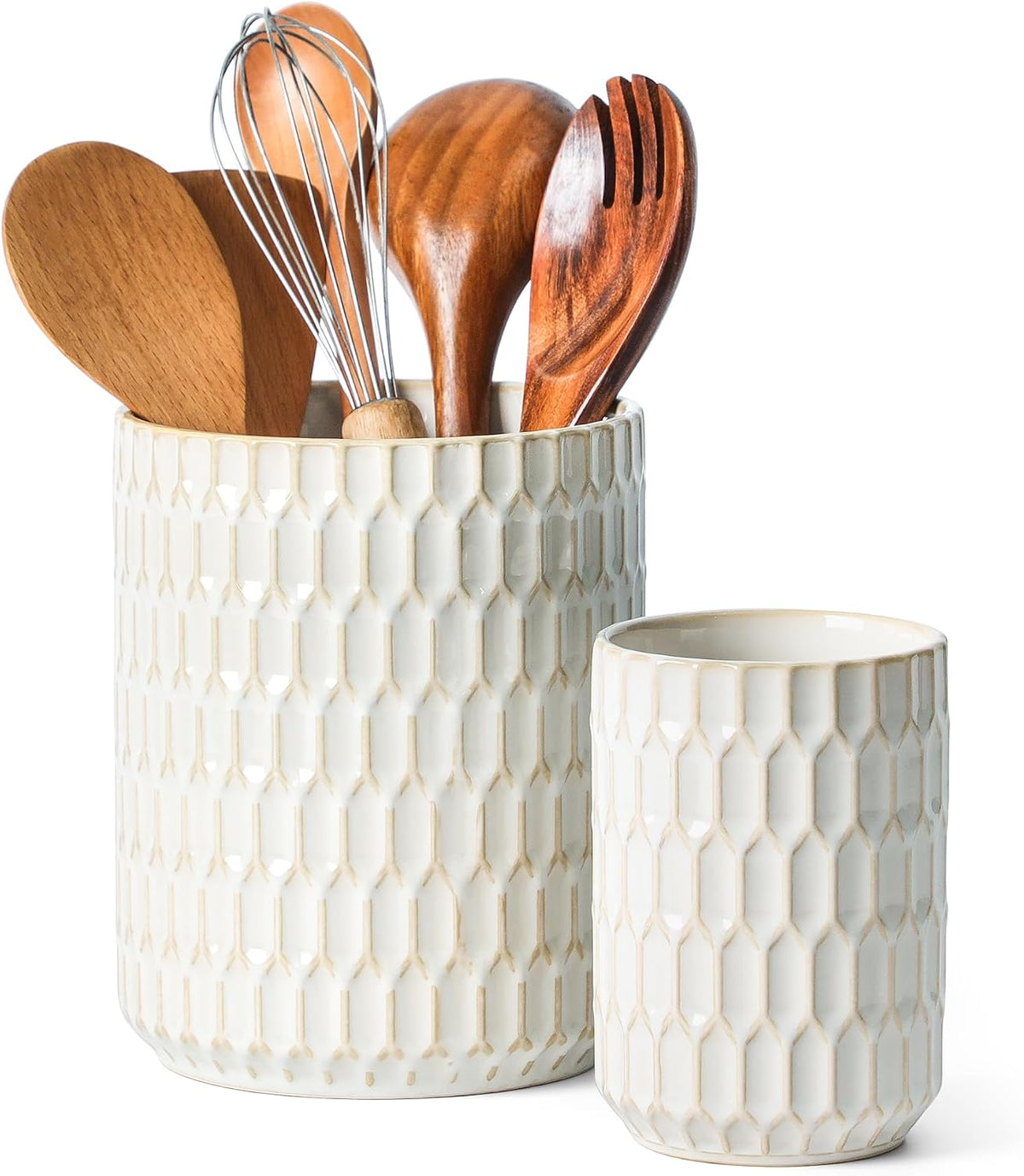 Ceramic Kitchen Utensil Holder for Counter, 7.5"+5.3", Beige