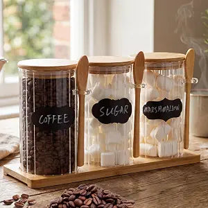 Set of 3 Glass Coffee Container with Bamboo Lids Spoons Labels 25 oz Clear Airtight Jar Food Storage Canister Set for Coffee Tea Sugar Decorative Countertop Organization Jars(Light Wood)