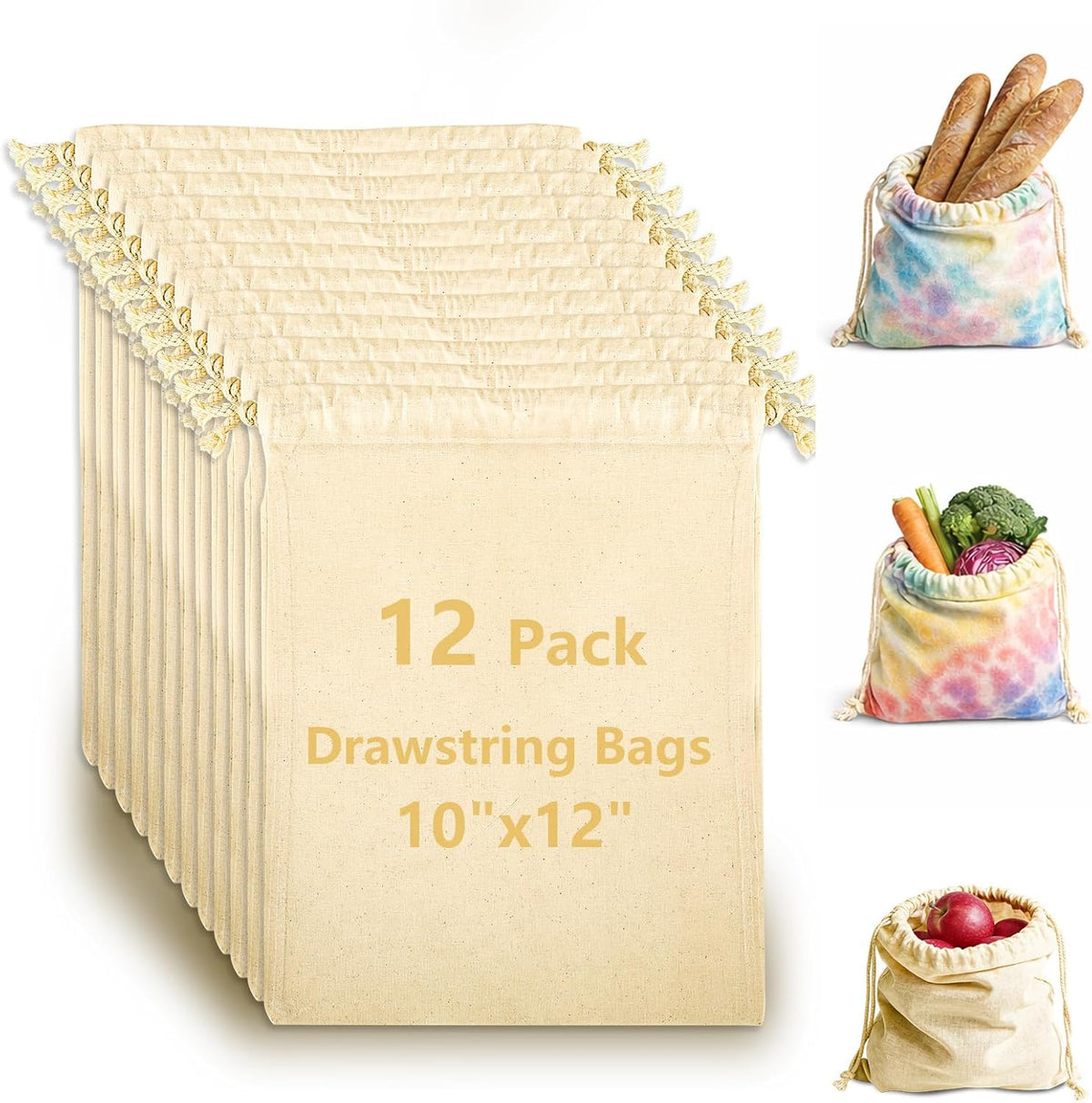 OKBA 12 Pack Cotton Muslin Drawstring Bags - Reusable Cloth Bags for Storage, Produce & Bread Storage, Gift Packaging, DIY Crafts, Eco-Friendly & Lightweight (10x12 inch)