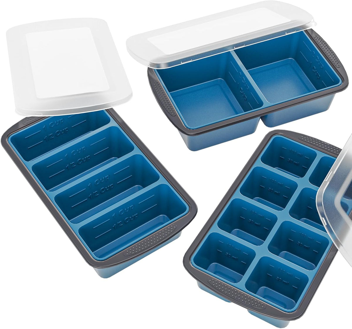 GORCI Silicone Soup Freezer Trays with Lids - 3 Pack, 1/2 cup, 1 cup, and 2 cup - Perfect Portion Control for Broth, Sauce & Meal Prep ï¼Œ100% Platinum Silicone BPA-Free, Flexible, Dishwasher Safe