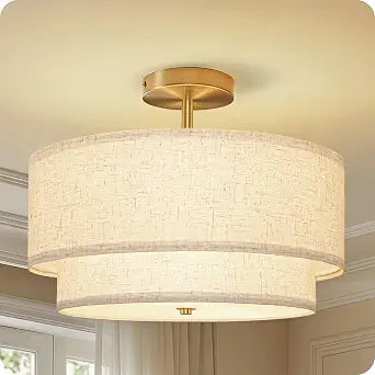 16" Semi Flush Mount Ceiling Light, 3-Light Drum Ceiling Light Fixture with 2-Tier Linen Fabric Shades, Close to Ceiling Light for Living Room, Bedroom, Kitchen, Beige & Gold D10DD05