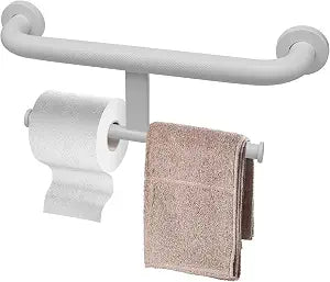 Handicap Grab Bar with Toilet Paper Roll Holder, 2-in-1 Safety Assist Bar Support Handle 16 Inch, White Stainless Steel Wall Mounted Bathroom Toilet Grab Bar for Senior Elderly