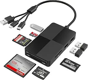 8-in-1 Memory Card Reader with 3 USB Ports, Lightning/USB-C/USB-A Adapter for iPhone/Android/PC/Mac, Supports SD/TF/MS/CF/XD Card & OTG for Photo/Video Transfer
