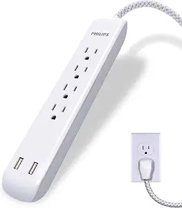 Philips 4 Outlet Power Strip Surge Protector with 2 USB Ports, 4 Ft Power Cord, Designer Braided Extension Cord, Flat Plug Extension Cord, 720 Joules, White, SPC6244WC/37