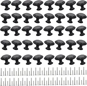SmaringRobot 40 Pieces Cabinet Knobs, Kitchen Cabinet Handles, Drawer Pulls with Screw, Matte Black, Solid Zinc Alloy, 1-1/6 Inch (30mm) Diameter, Round Cabinet Hardware for Dresser Door, Cupboard