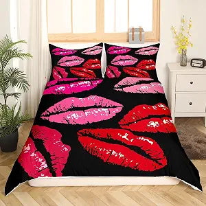 Feelyou Sexy Kiss Bedding Set Feminine Red Lips Duvet Cover Set for Girls Women Lipstick Print Comforter Cover Sexy Lip Print Stylish Lady Quilt Cover Bedroom Collection 3Pcs Queen Size