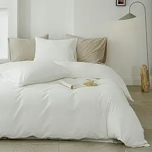 QKTE 100% Washed Cotton Duvet Cover Set 3PCS Linen Feel King Duvet Cover Breathable Durable Comfy Twill Bedding (White,104" x 92")