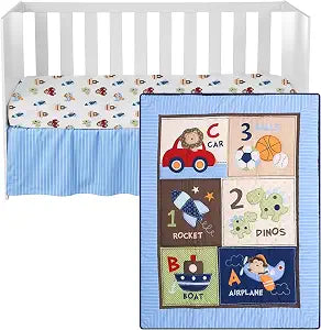 Baby Crib 3-piece Bedding Set ��� Light Blue with Safari Animals, Dinosaurs, and Woodland Designs