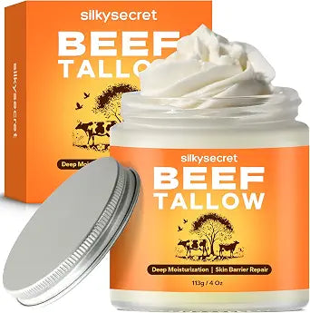 SilkySecret Beef Tallow for Face & Body (4 Oz), Grass-Fed Beef Tallow & Raw Wild Honey Blend, Deep Nourishing Tallow Balm for All Skin Types