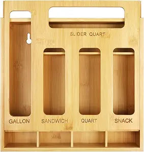 DUJEN Plastic Bag Organizer for Drawer, Bamboo Food Storage Bags Container Organizer with Slider, Baggie Bags Storage for Drawer Compatible with Gallon, Sandwich Variety Size Bags