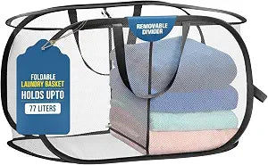 Foldable Laundry Basket - Popup and Collapsible, Durable Mesh Material, Folds for Storage, Easy Carry Handles - Great Hamper for College Dorm, Laundry Room or Travel (White-Black, 2-Compartments)