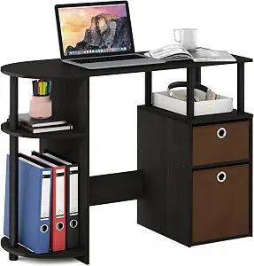 Furinno JAYA Desk, 38.4" Wide Gaming Desk with Bin Drawers, Computer Desk with Side Shelf, Office Desk for Study, Home Office, Bedroom, Dorm, Study Room, Espresso