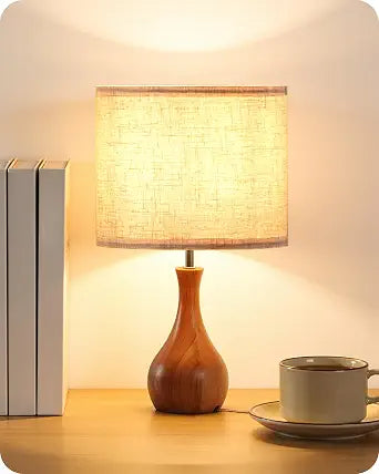 Small Table Lamp, 14.2" Wood Bedside Lamp, Little Cute Desk Lamp with Dark Wood Bottle-Shaped Base & Beige Linen Lampshade, Nightstand Lamp for Bedroom, Small Space, E26 Socket, LE09TL05