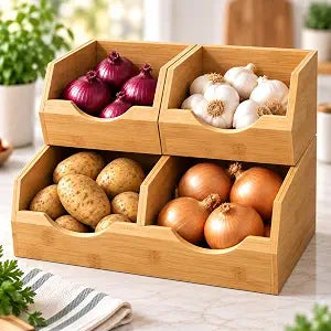 3 Piece Stackable Bamboo Pantry Storage Bins, Potato and Onion Storage, Fruit & Vegetable Container Baskets for Kitchen Countertop, Easy Front Access, Multipurpose organization