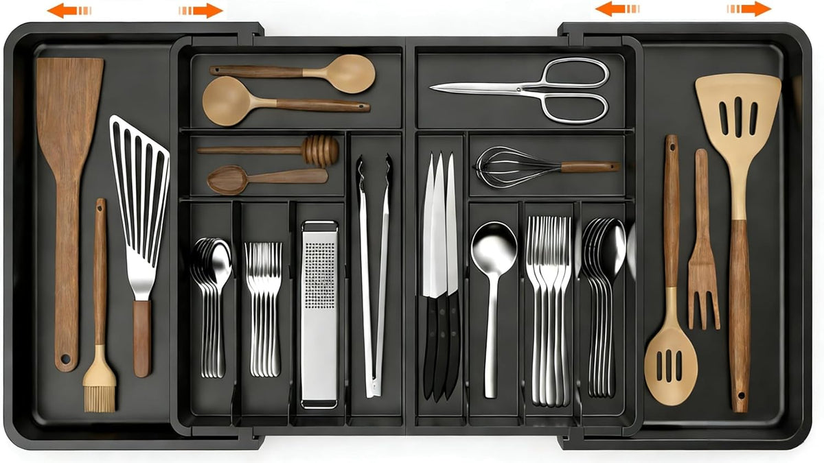 Utensil Organizer for Kitchen Drawer, Expandable Cooking Silverware Tray,Large Silverware Drawer Organizerï¼ŒPlastic Spatula Tools Storage Divider, 21.6-38", Black