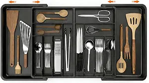 Utensil Organizer for Kitchen Drawer, Expandable Cooking Silverware Tray,Large Silverware Drawer OrganizerPlastic Spatula Tools Storage Divider, 21.6-38", Black