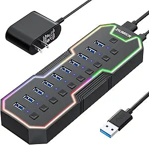 ZIUMIER Powered USB Hub, 10 Ports USB 3.0 Hub with RGB LED Strip